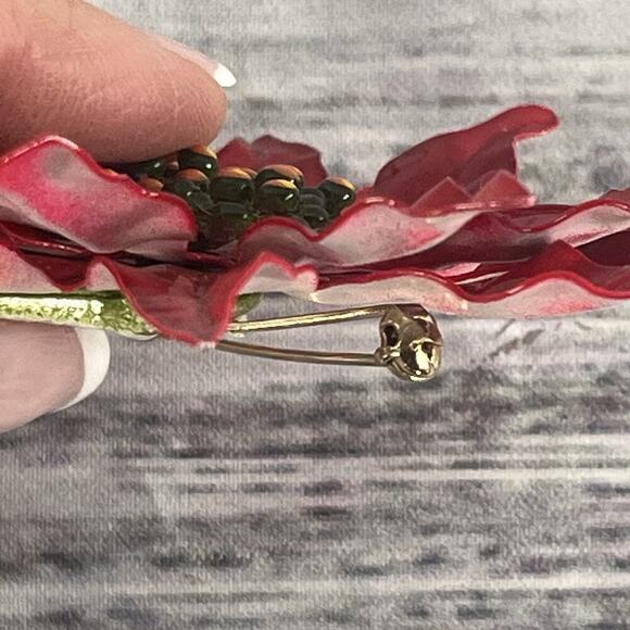 Vintage 60's Enamel Flower Poinsettia Brooch Pin Red Green Jewelry MCM Mod 5" - Picture 9 of 16